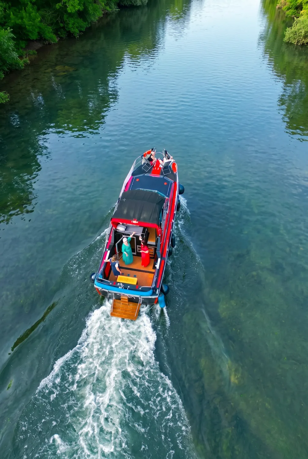 Vue aérienne du bateau naviguant sur une eau claire de la Marne
